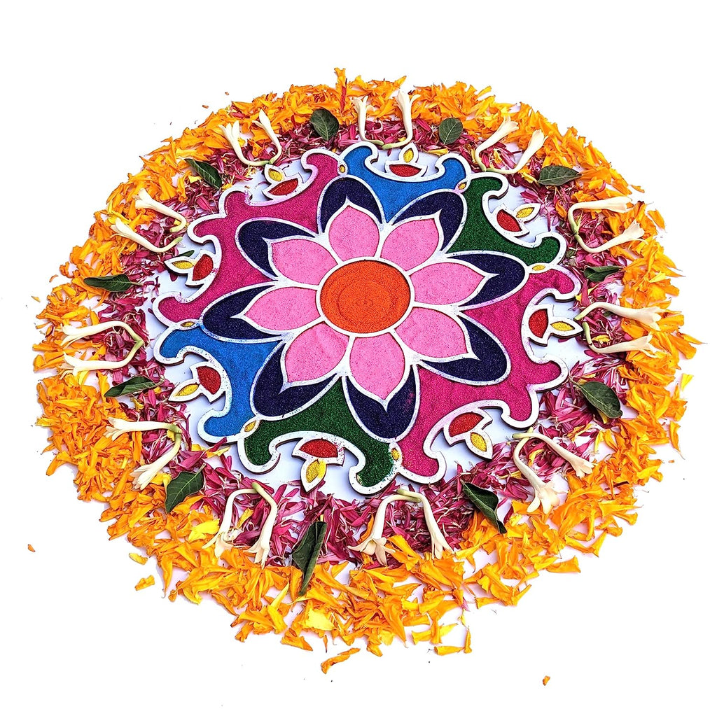 Reusable Rangoli Template Mat with Wooden Base 11.5 Inch (Design K) | Just Fill It Up with Rangoli, Flowers, Pulses | Traditional Art with Modern Day Ease of Use (T388_K)