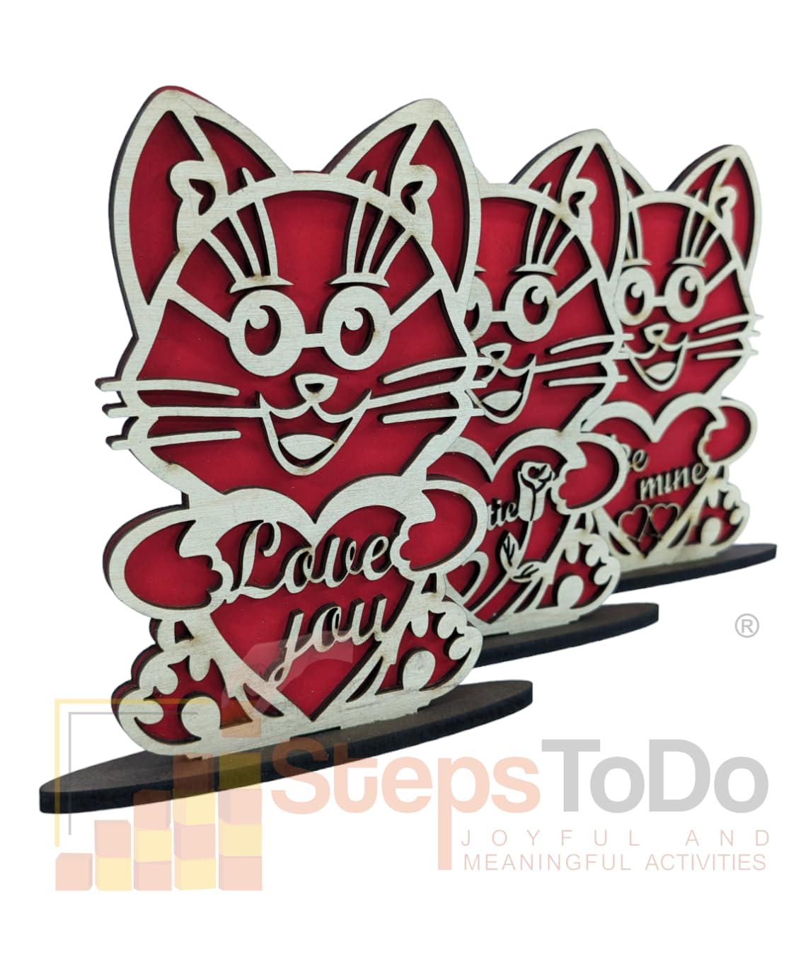Love You Kitty Wooden Standees – Set of 3, Red & Unfinished Birch