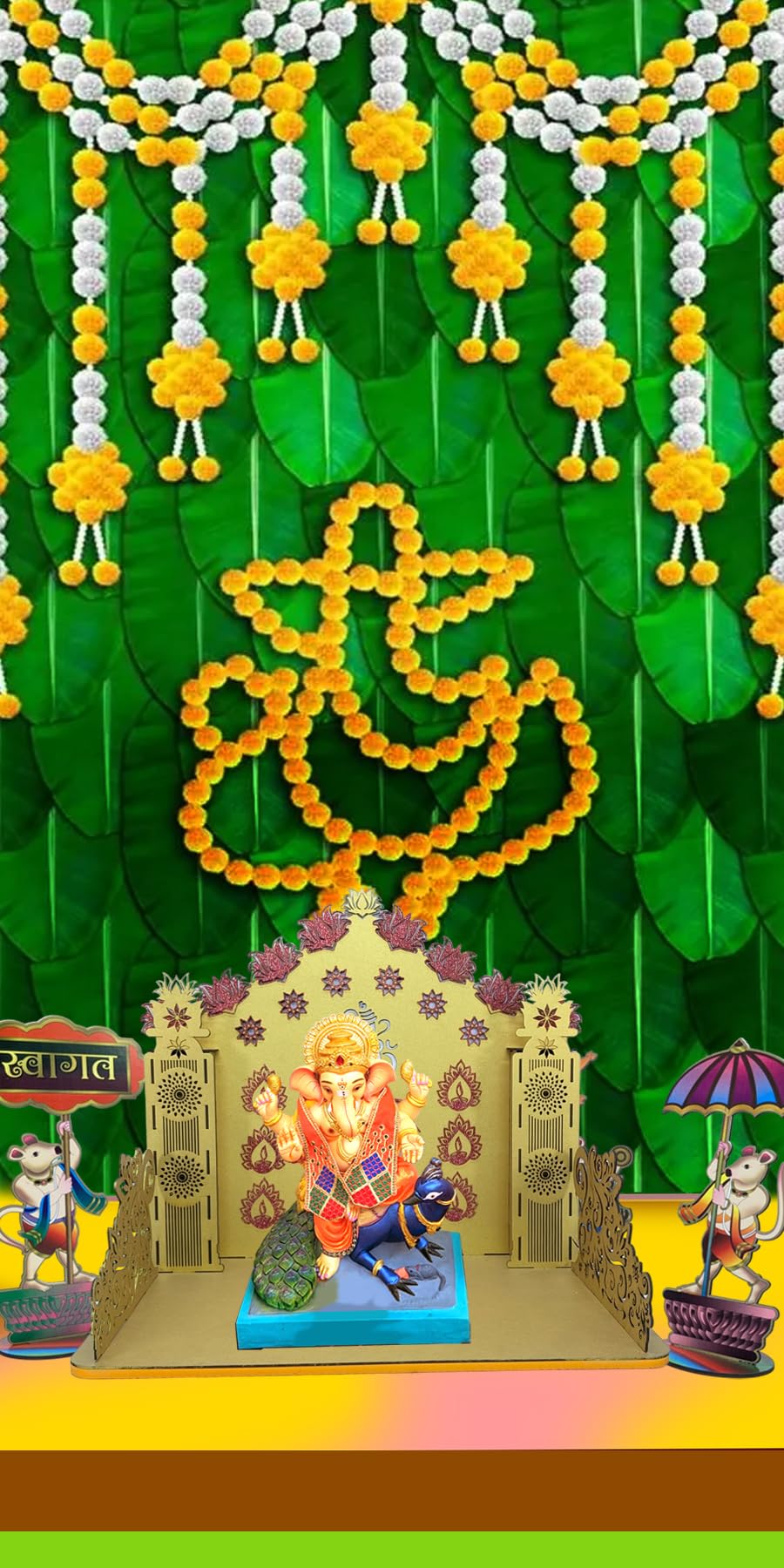 Golden Ganpati Makhar with Glitter Lotus Wooden Singhasan