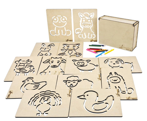 StepsToDo Farm Animal Wooden Stencil Set for Kids – Large 15x21cm Learning Templates with Storage Box – Educational Teaching Aid for Homeschooling, Preschool & Gifting