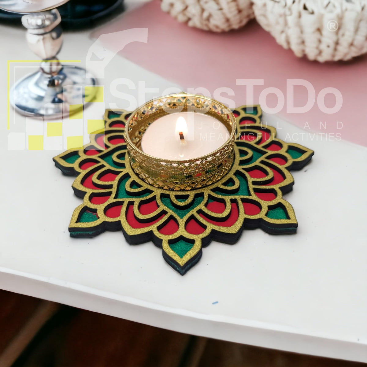 Hand-Painted Wooden Tealight Holder (Diya Stand) – Type 1, 4 Inch