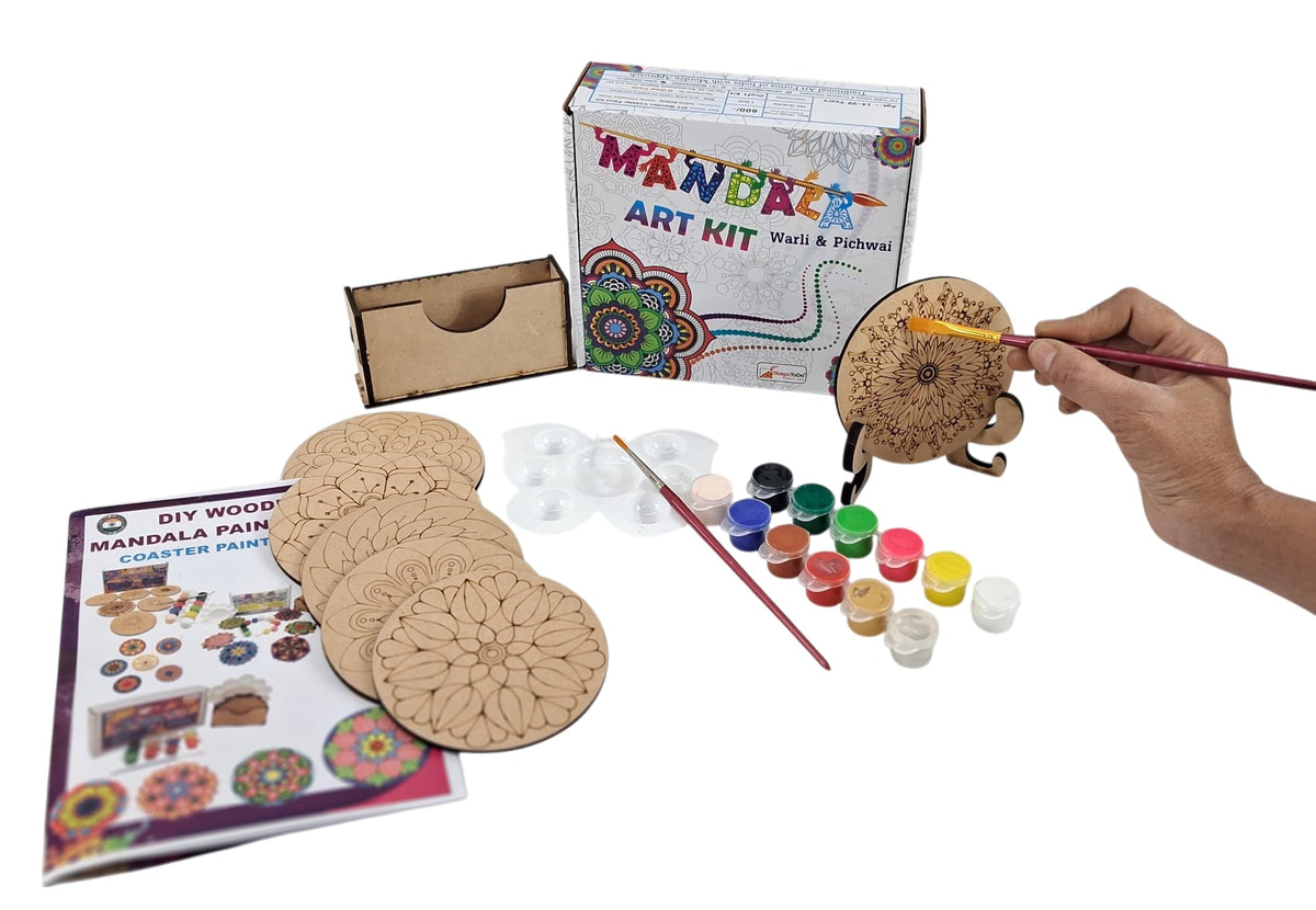 Mandala Coaster Painting Kit A – 6 × 4-Inch Bases, Case, Paints & Stand