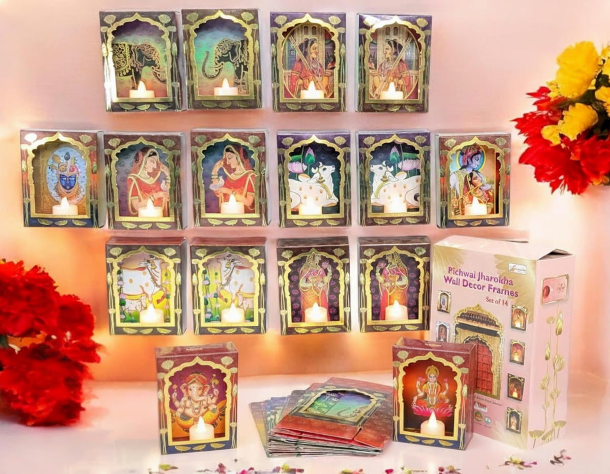 Pichwai Jharokha Wall Décor Box Frames with LED Candle – Pack of 16