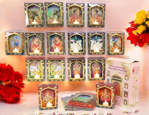 StepsToDo Pitchwai Jharokha Wall Décor Box Frames (Pack of 16) Deep Deewar With LED Candle, Jharokha Style Wall & Home Decor for all Festive