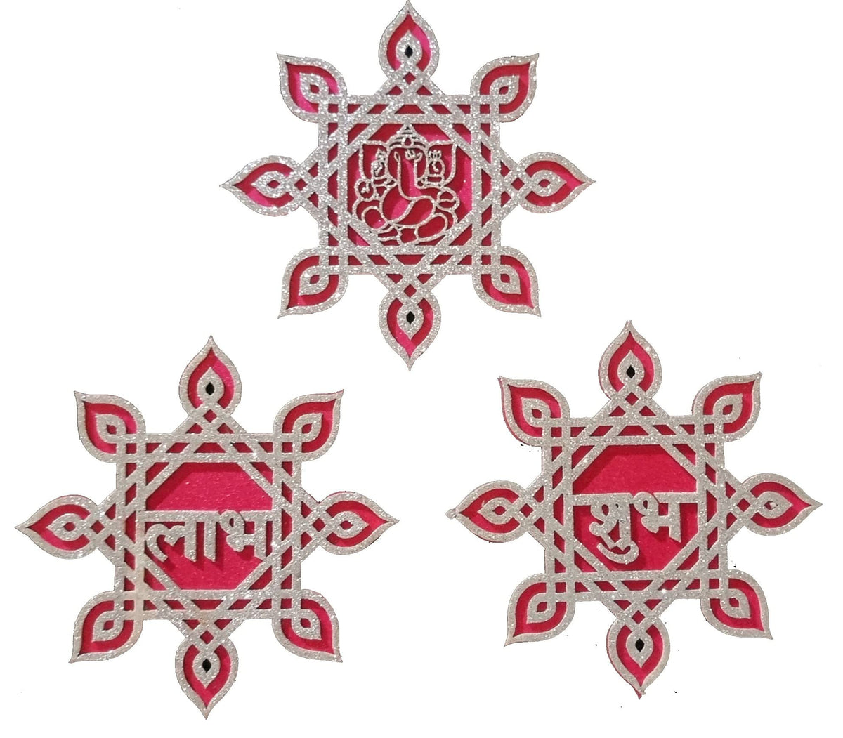 Kolam/Muggu Décor – Set of 16, 4 Inch, Rose Pink & Silver