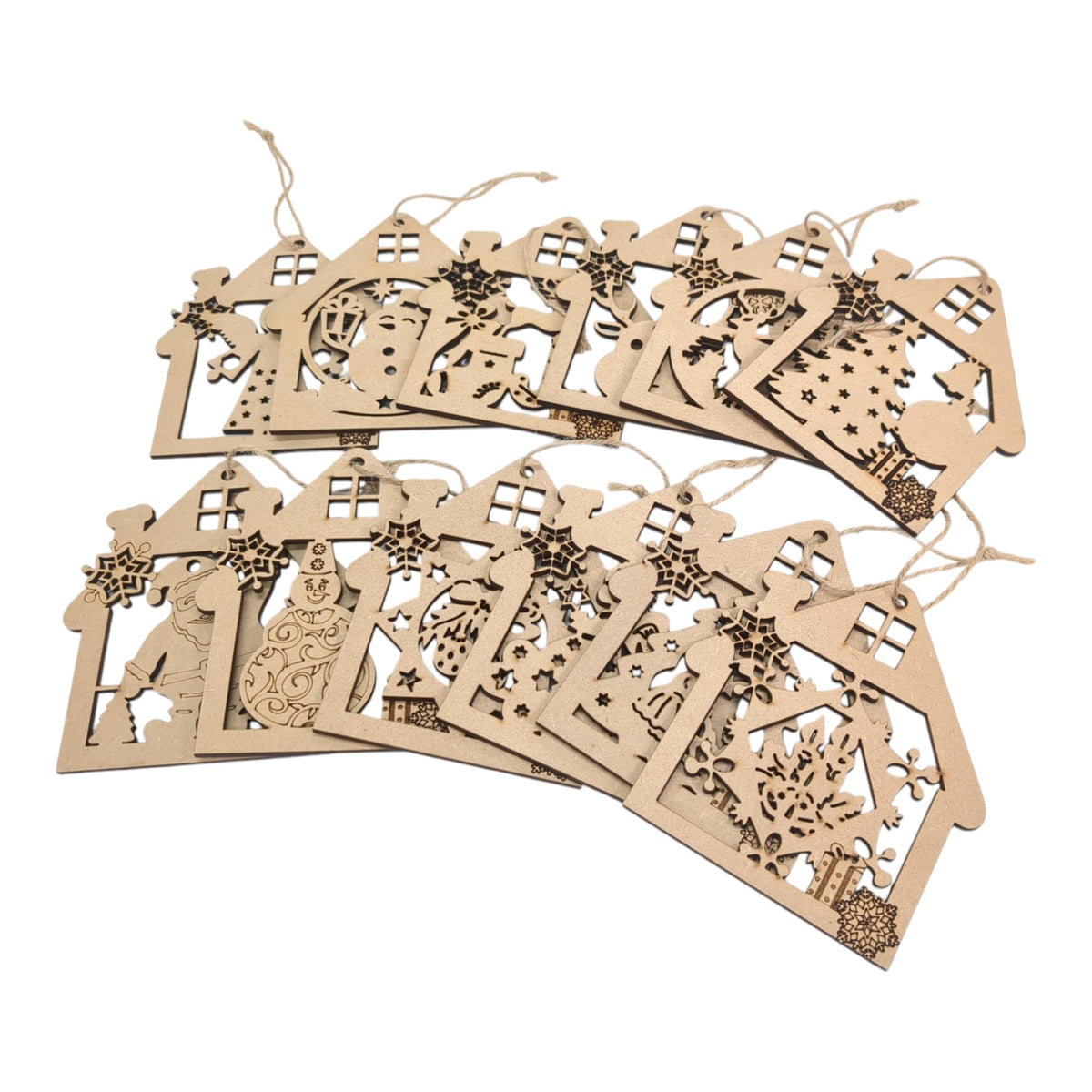 Rustic wooden Christmas tree ornaments with jute string