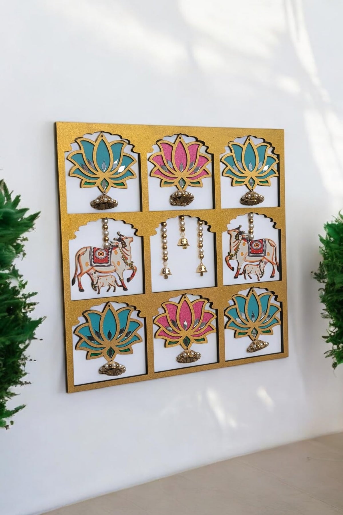 Hand-Painted Pichwai Jharokha with Lotus, Cow & Calf – 18 Inch, Mirror Work