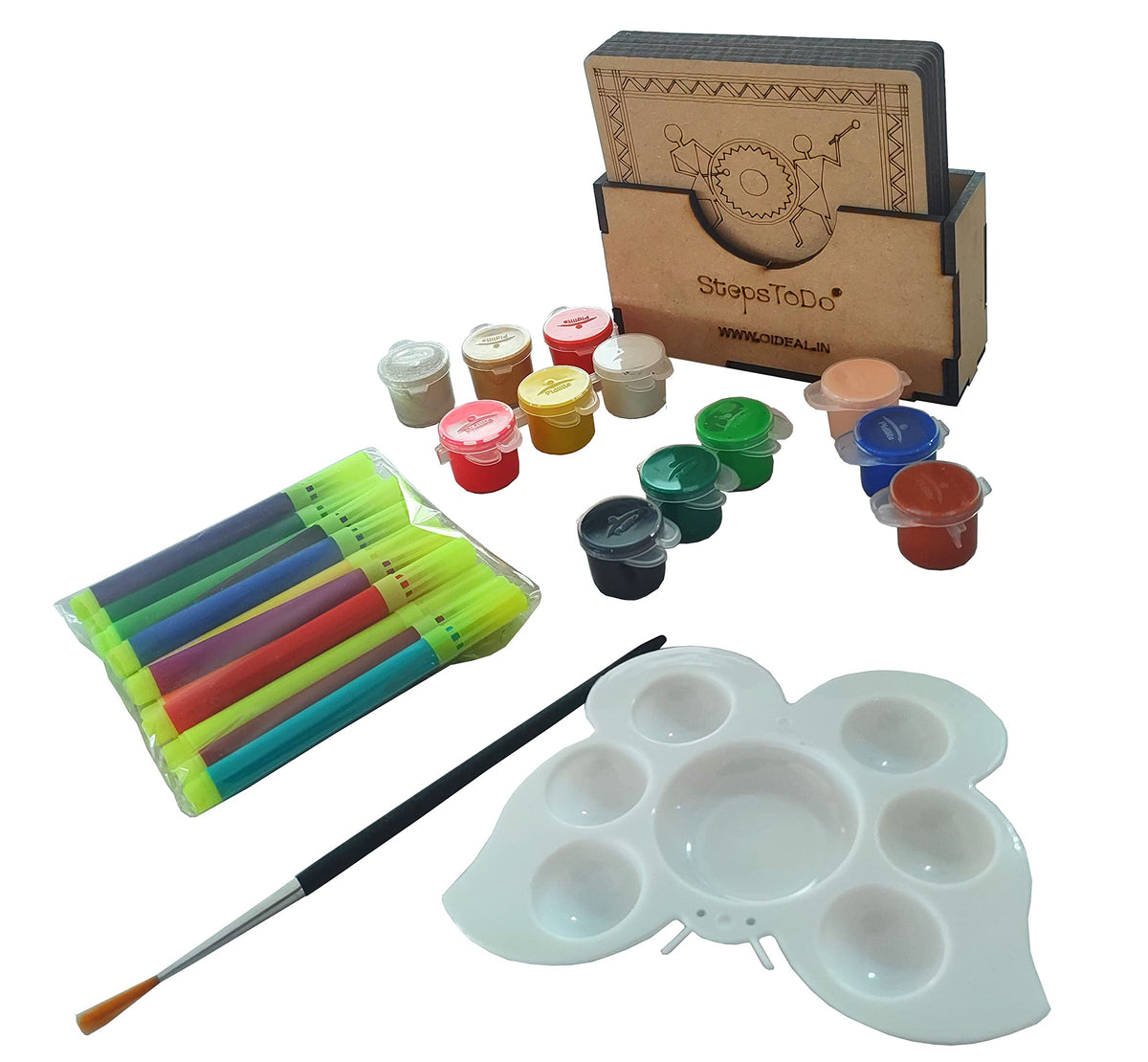 Warli Coaster Painting Kit A – 6 × 4-Inch Bases, Case, Pens & Paints