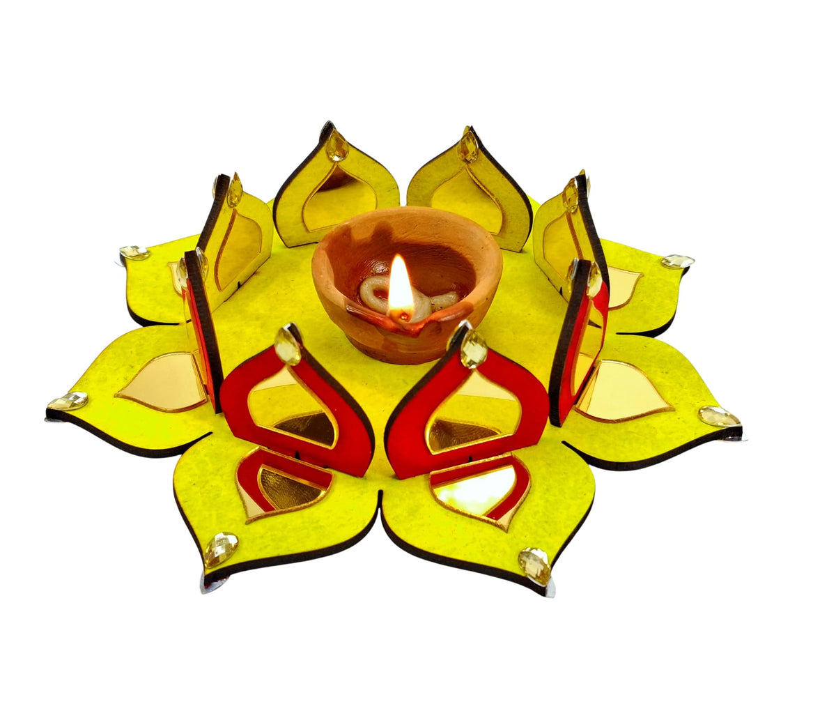 Reversible Wooden Lotus Tealight Holders with Mirror Work – Set of 2
