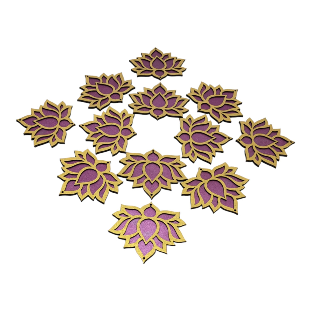 Wooden Lotus Cutouts – Set of 12, Golden & Purple