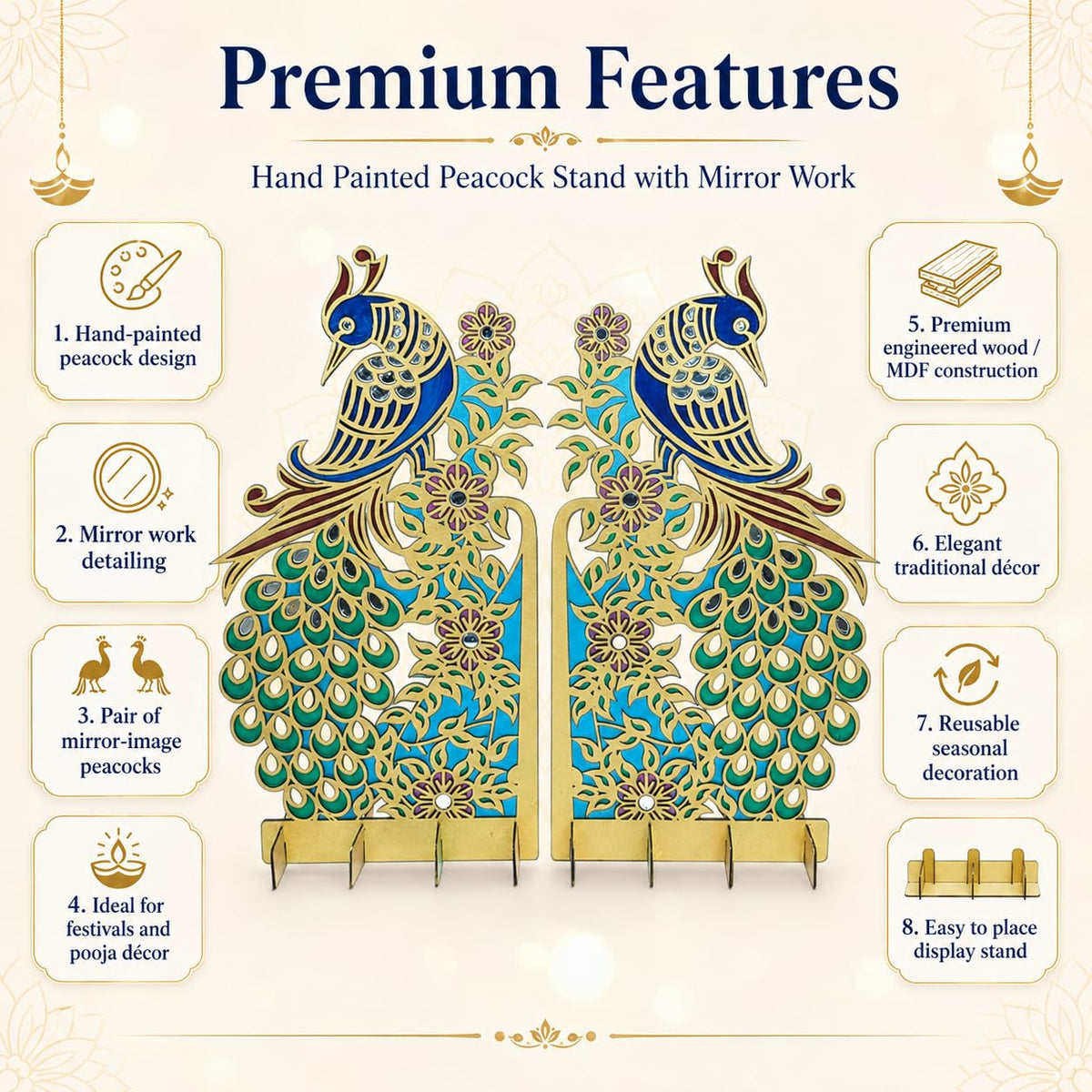 Hand-Painted Peacock Stands with Mirror Work – Pair