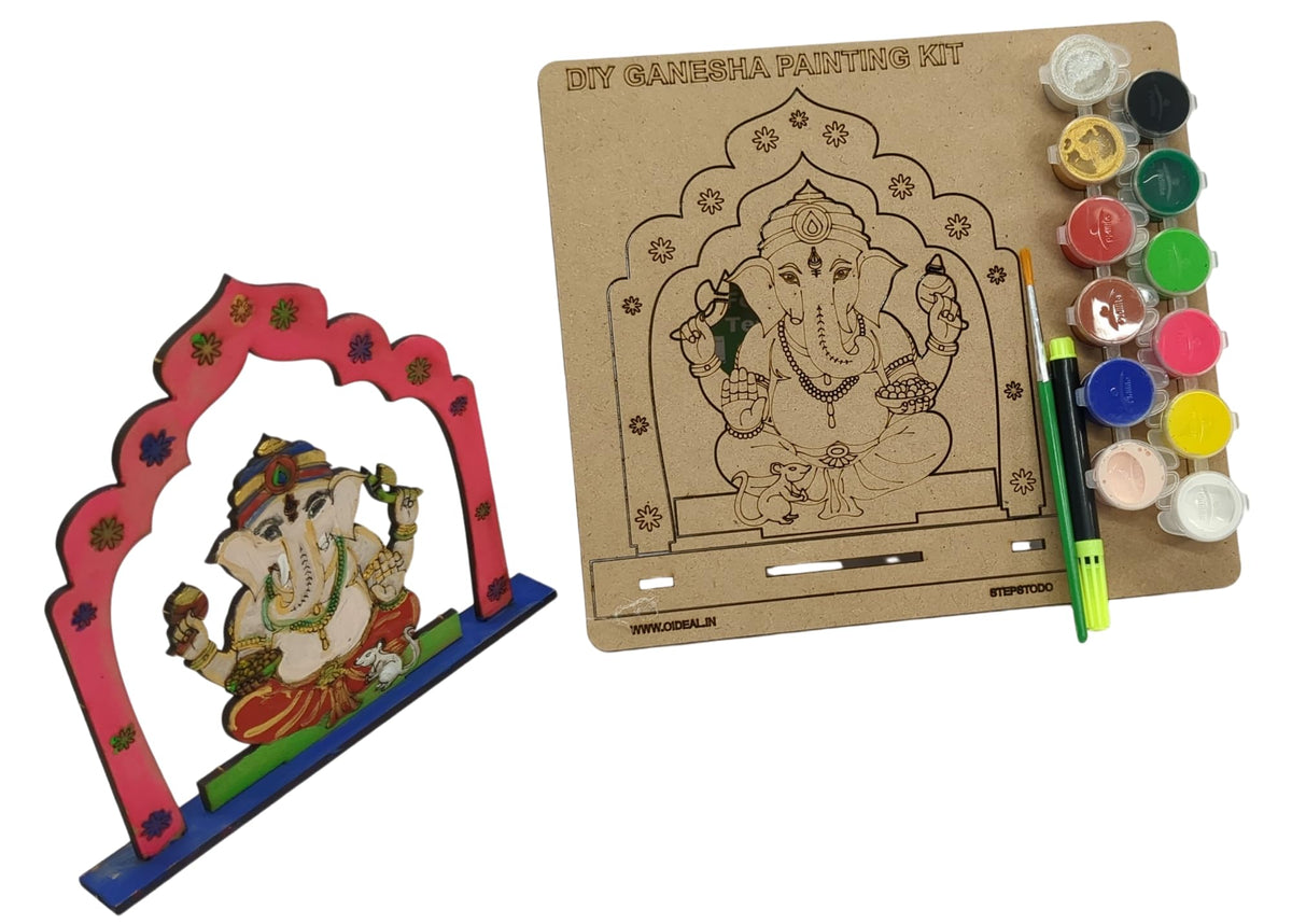 DIY Wooden Ganesha Painting Kit with 12 Tempera Colours & Brush