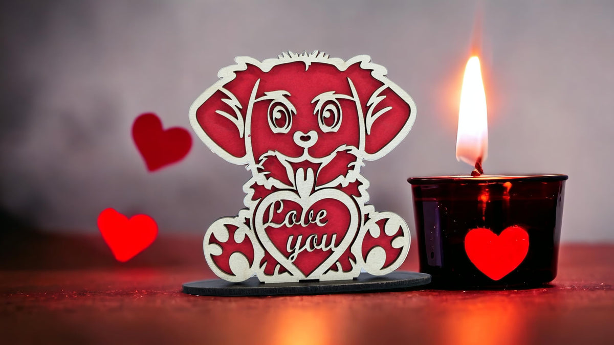Love You Puppy Wooden Standees – Set of 3, Red & Unfinished Birch