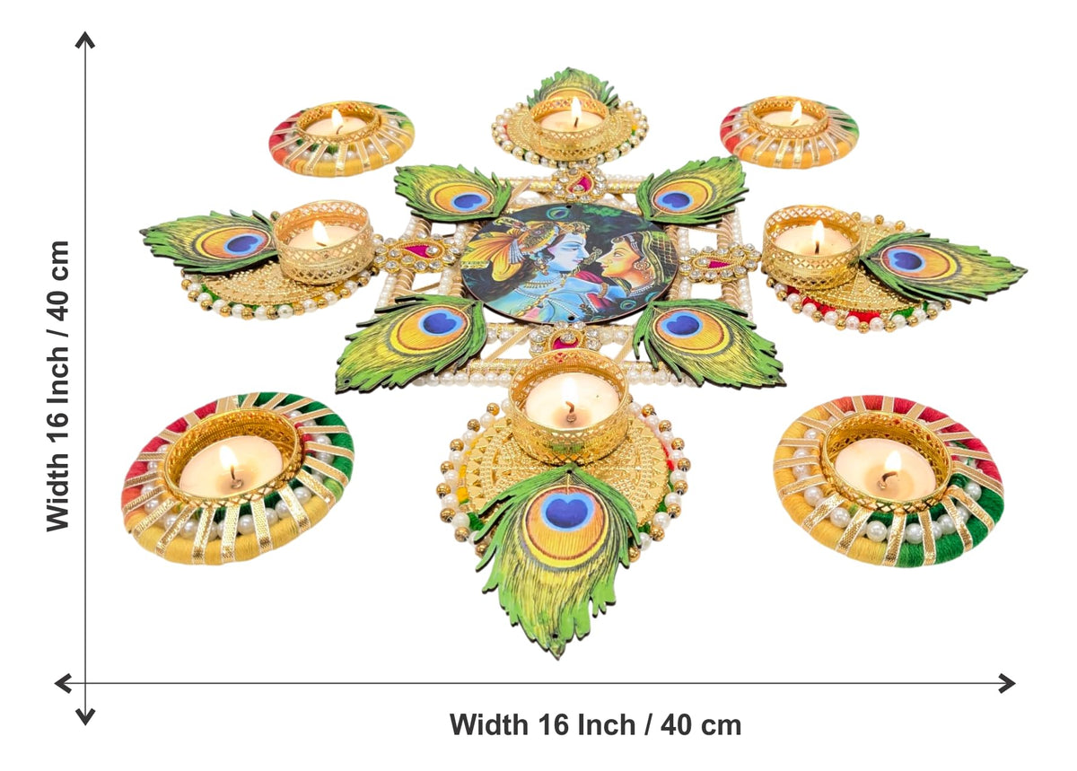 Radha Krishna MDF Rangoli Set with Peacock Feather & Tealights – 9 Pieces