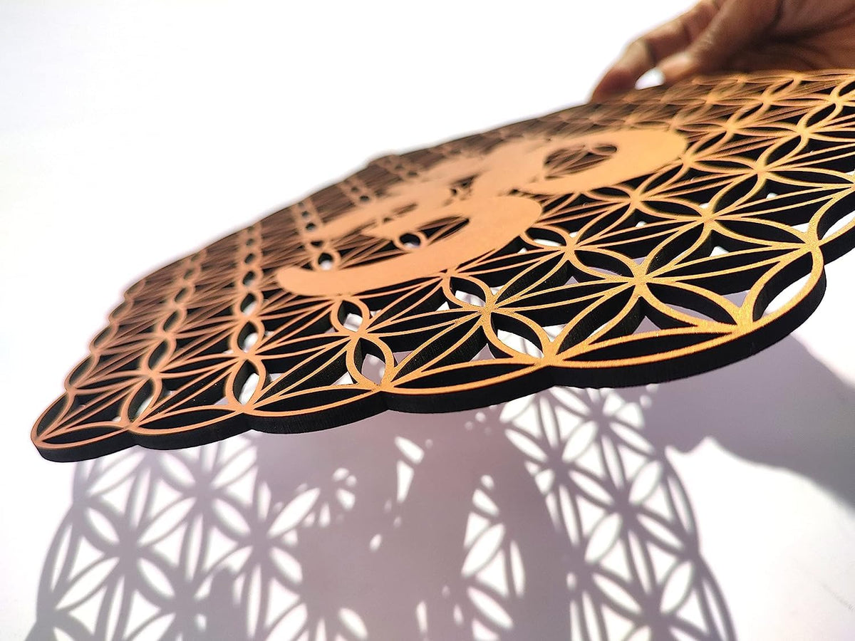 Flower of Life with OM – Hand-Painted Wooden Wall Art