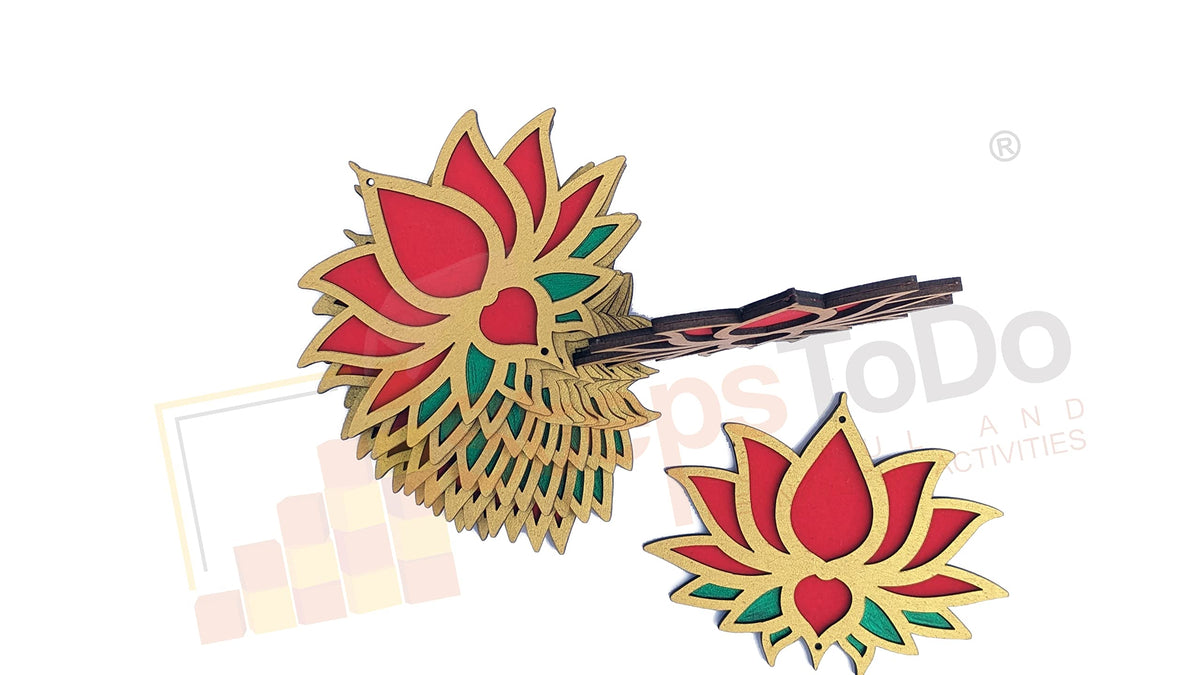 Wooden Lotus Cutouts – Set of 12, Golden, Bright Red & Green