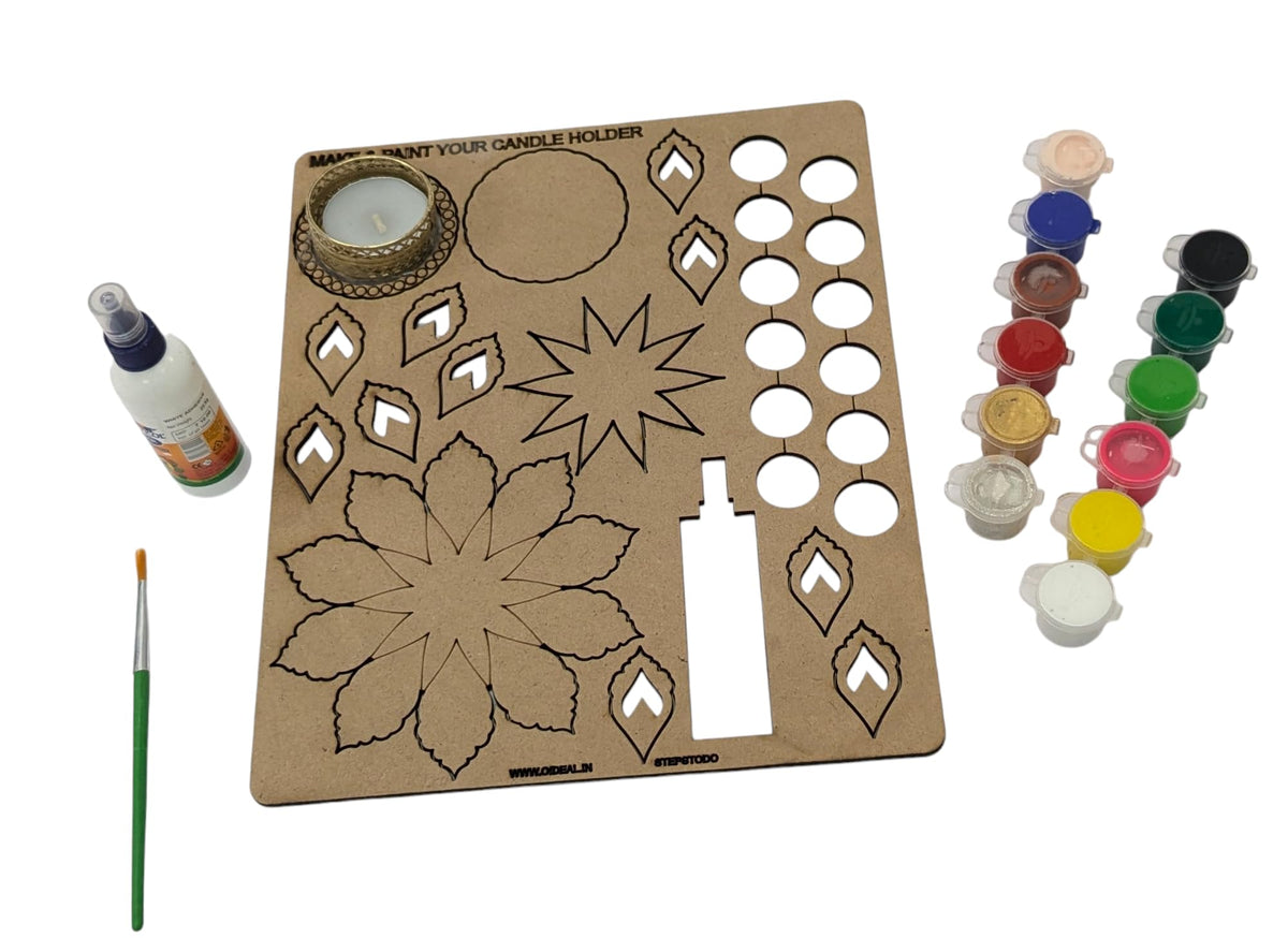 DIY Wooden Tealight Holder Painting Kit – 12 Colours, Brush & Golden Candle