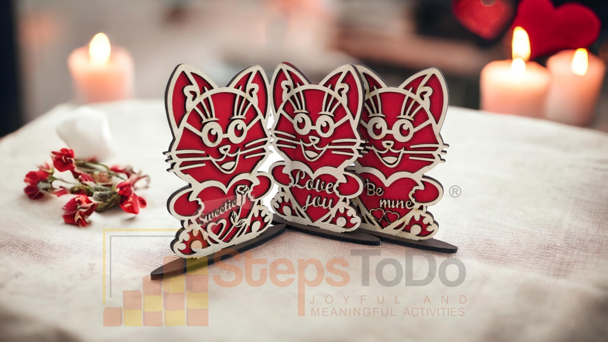 Love You Kitty Wooden Standees – Set of 3, Red & Unfinished Birch