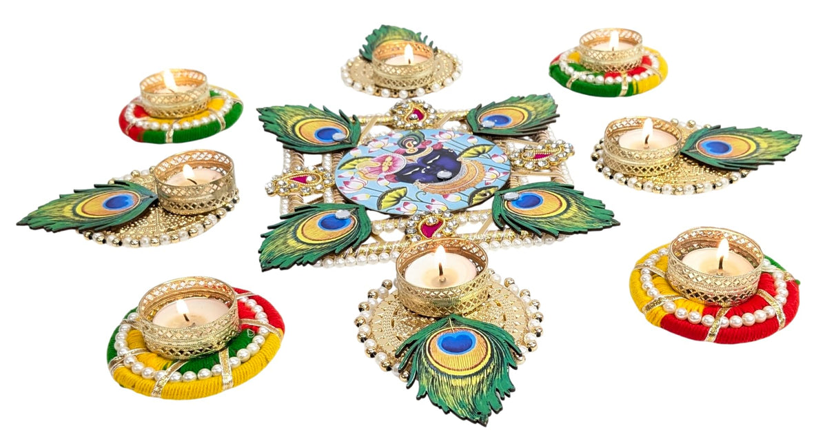 Shreenathji MDF Rangoli Set with Peacock Feather & Tealights – 9 Pieces