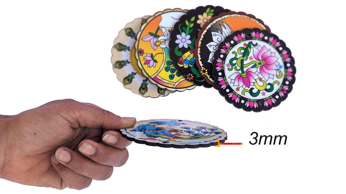 Pichwai Art Printed Wooden Coasters with Holder – Set of 6