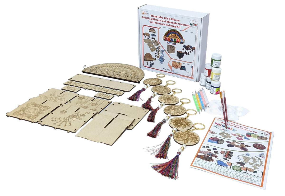 Dot Mandala Painting Kit – 8 Pieces: 6 Keychains, 10-Hook Holder & Organiser