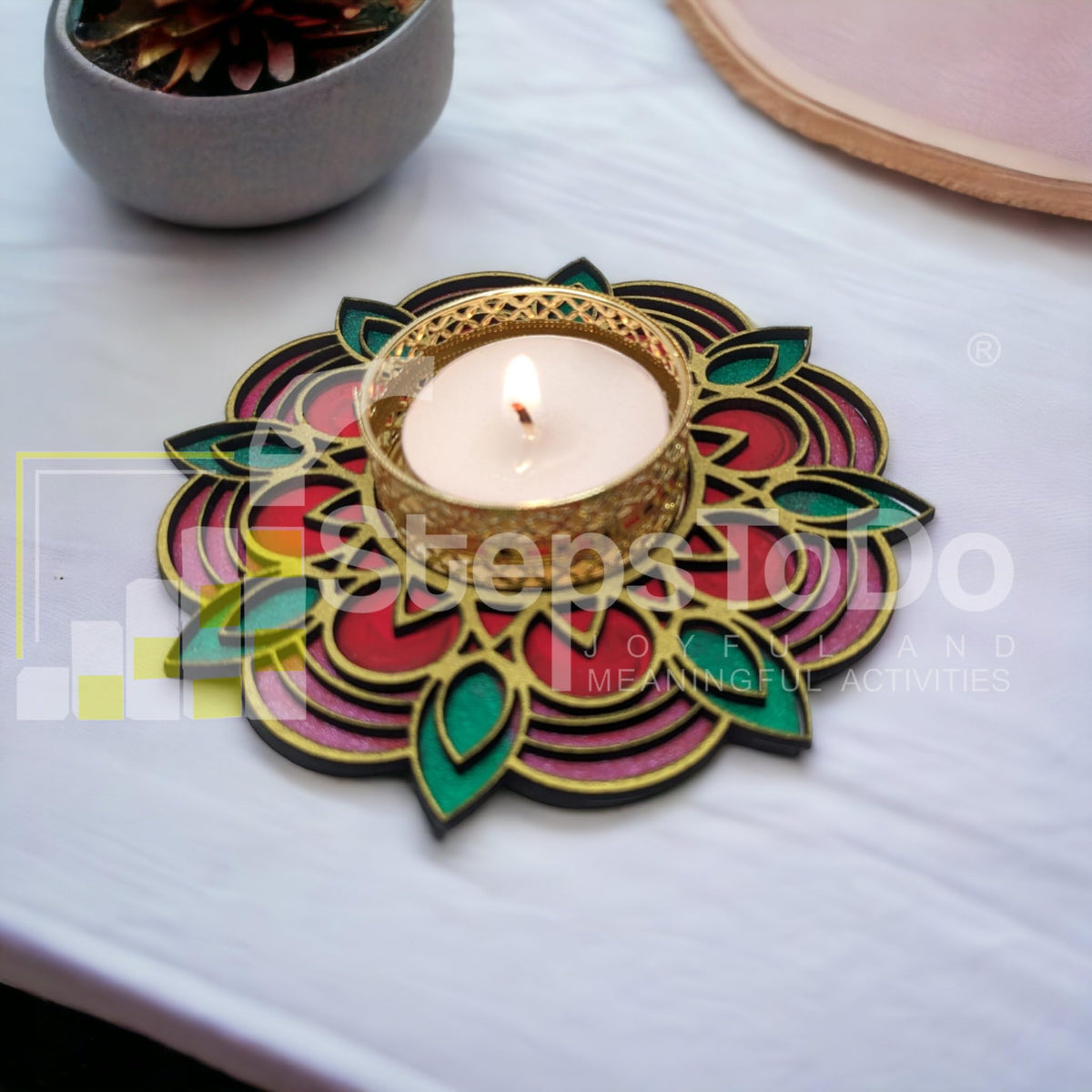 Hand-Painted Wooden Tealight Holder (Diya Stand) – Type 2, 4 Inch