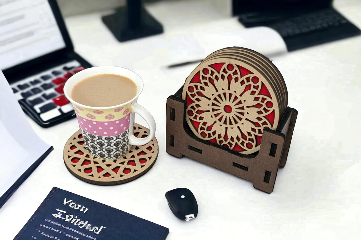 Double-Layer Geometric Mandala Wooden Coasters with Holder – Set of 6