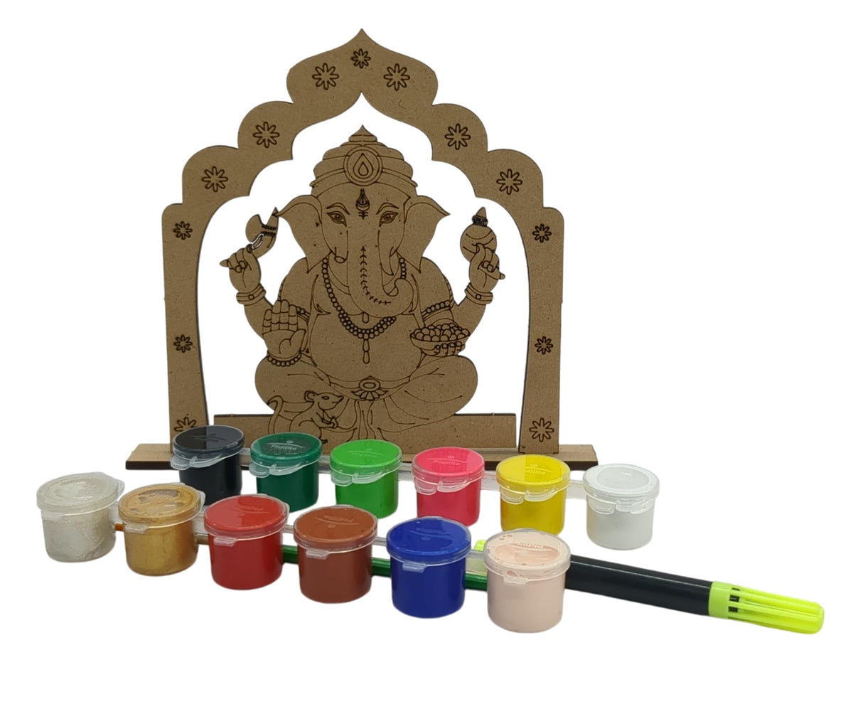 DIY Wooden Ganesha Painting Kit with 12 Tempera Colours & Brush