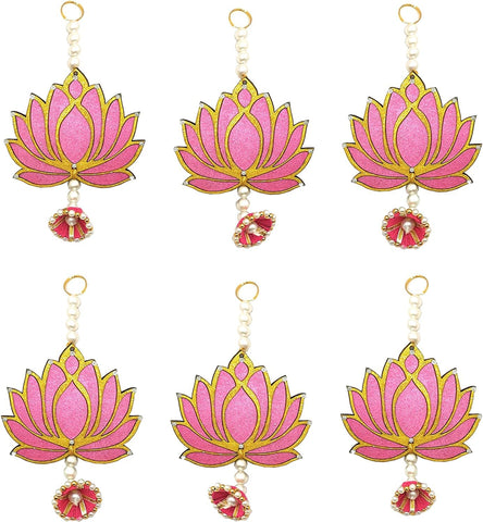 StepsToDo Hanging Wooden Lotus Cut-Out. Set of 6. Rose Pink Colored Handicraft. Decoration for Diwali, Dashera, Pooja, Decorations, Festival Gift, Wedding Decorations. (6)