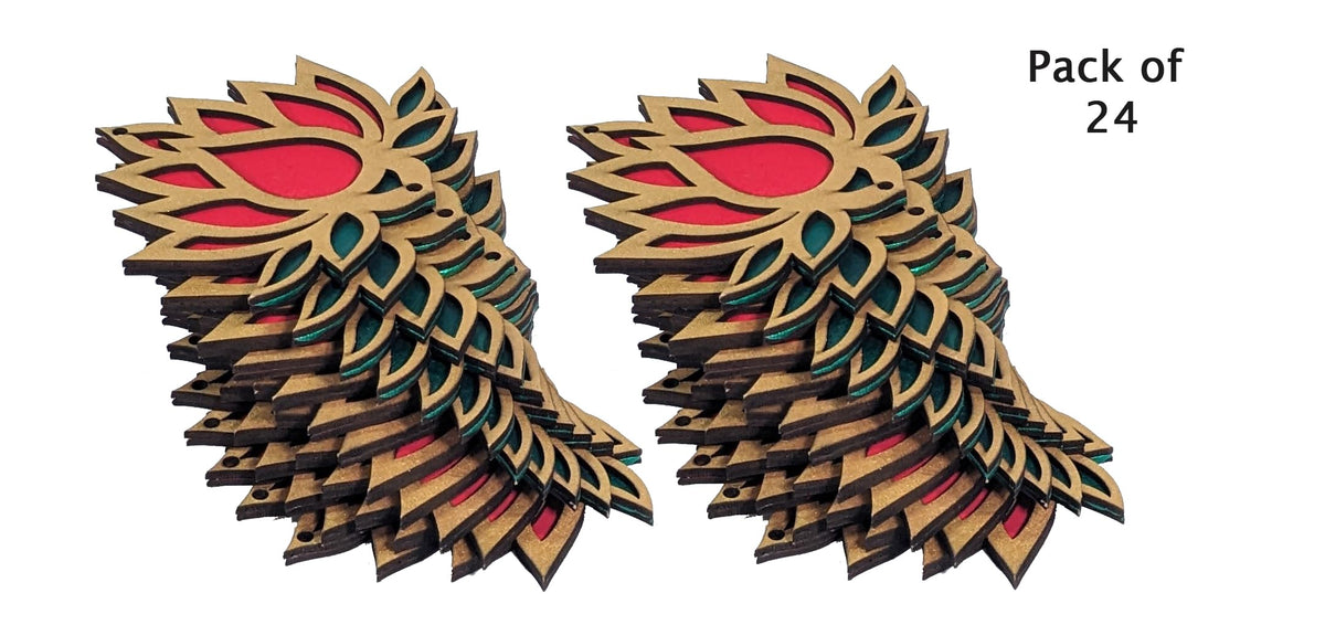 Wooden Lotus Rangoli Cutouts – Golden & Bright Red