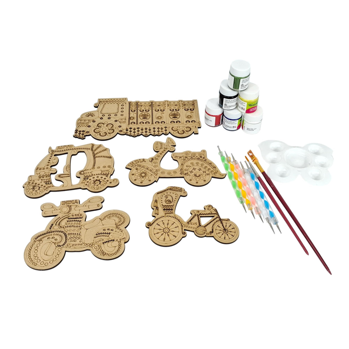 Mandala & Truck Art Fridge Magnet Kit – 5 Wooden Cutouts, Paints, Tools & Stand