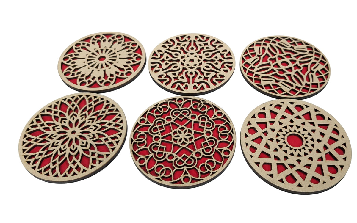 Double-Layer Geometric Mandala Wooden Coasters with Holder – Set of 6