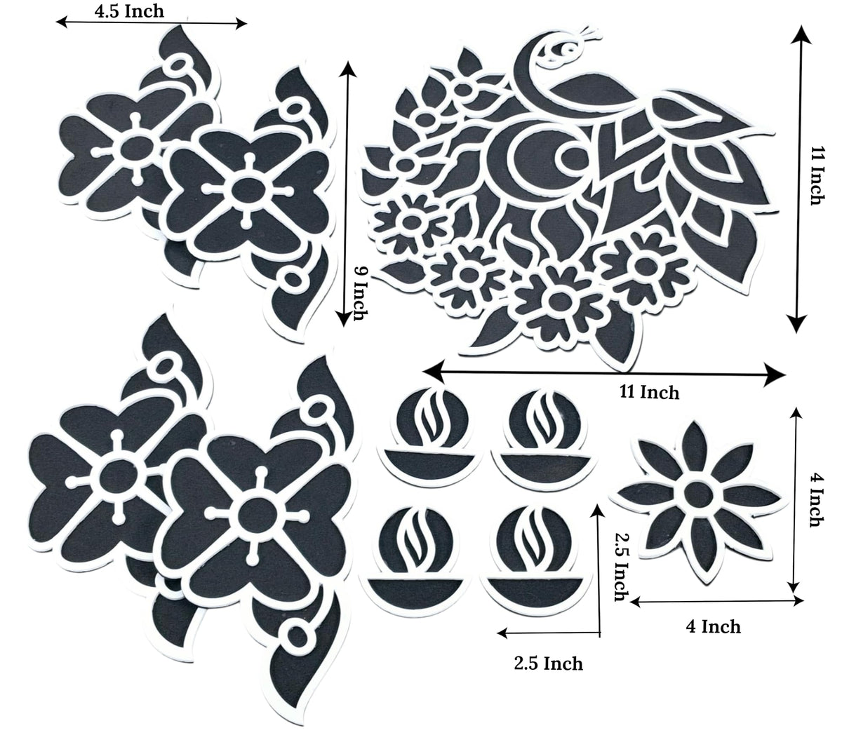 Floating Rangoli Set of 10 – Peacock, Borders, Diyas & Flower Mats (Reusable)