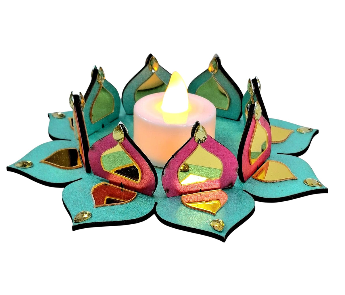 Reversible Wooden Lotus Tealight Holders with Mirror Work – Set of 2