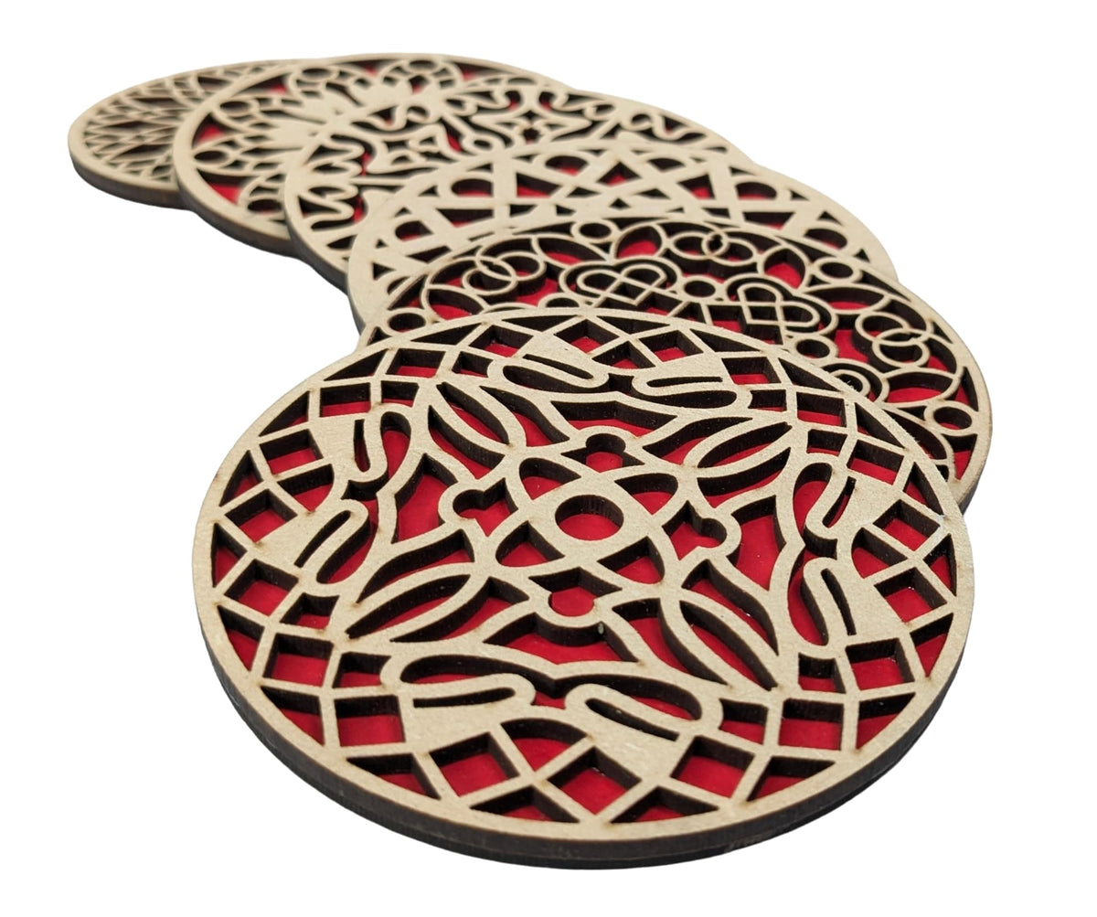 Double-Layer Geometric Mandala Wooden Coasters with Holder – Set of 6
