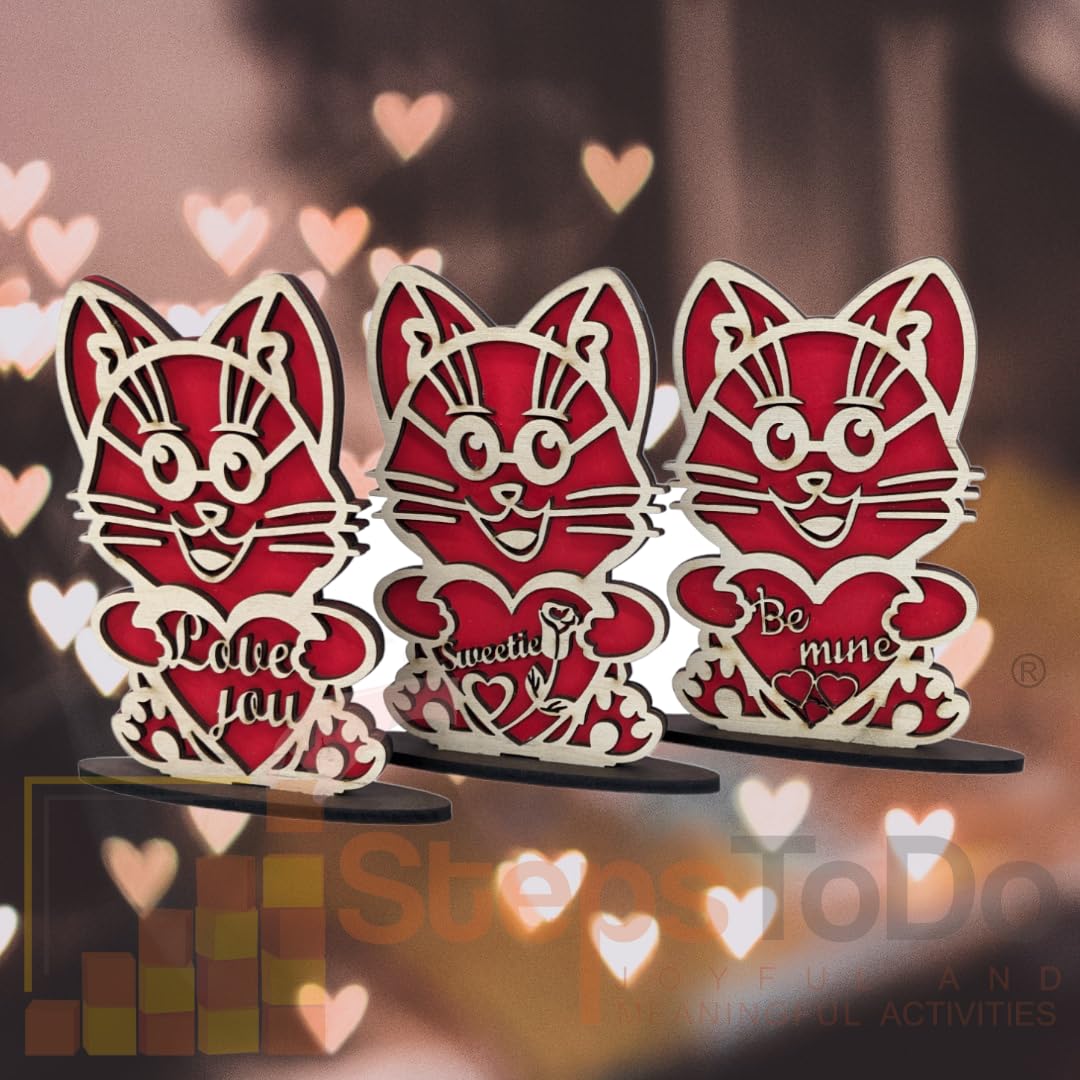 Love You Kitty Wooden Standees – Set of 3, Red & Unfinished Birch