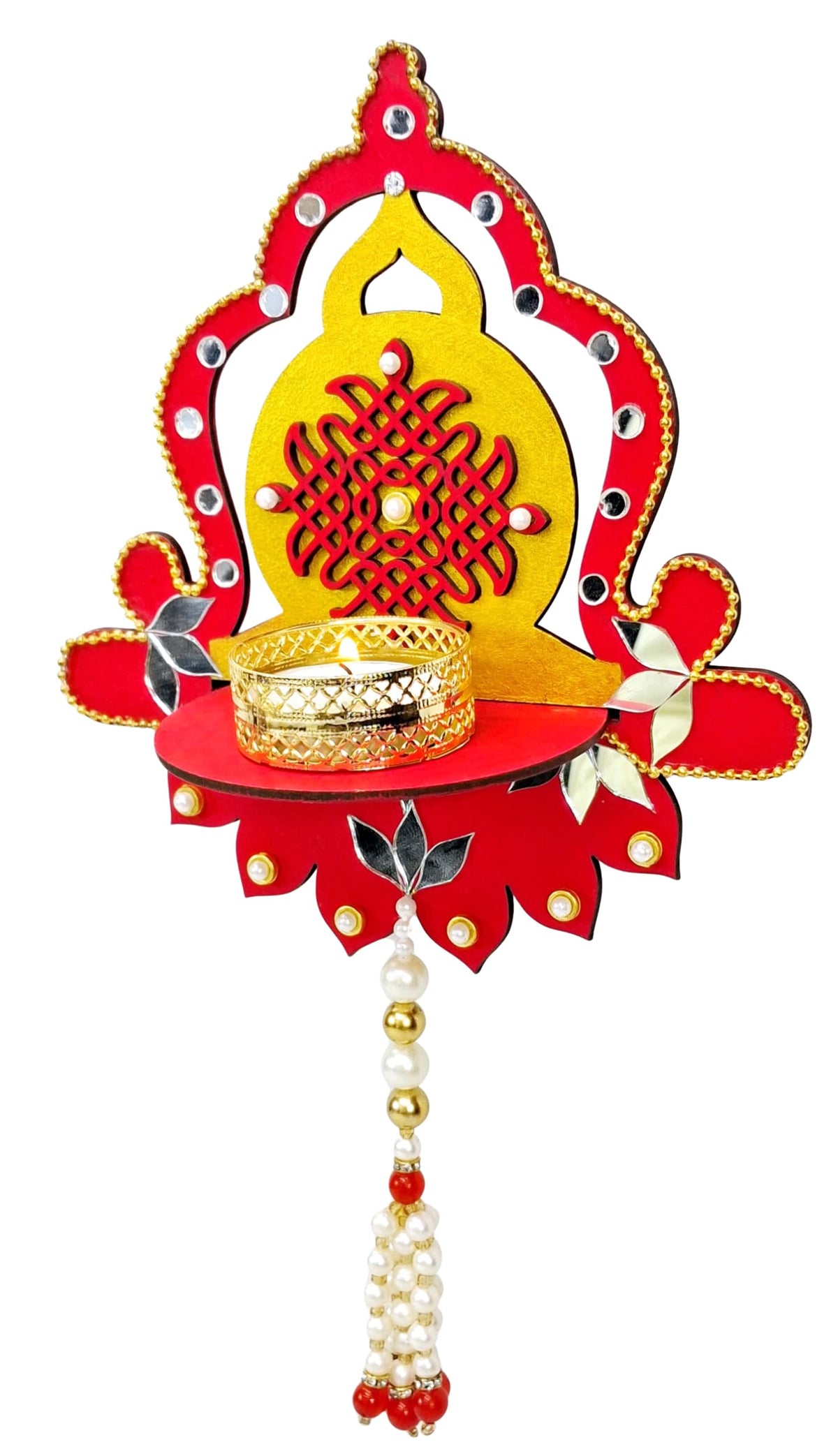 Hand-Painted Diya Jharokha – Red & Yellow, Mirror Work & Pearl Hanging