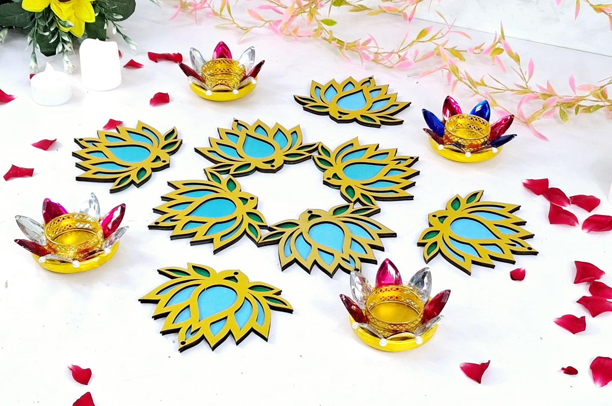 Wooden Lotus Cutouts – Set of 12, Golden with Choice of Colour