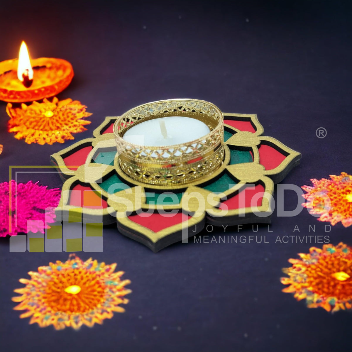Hand-Painted Wooden Tealight Holder (Diya Stand) – Type 3