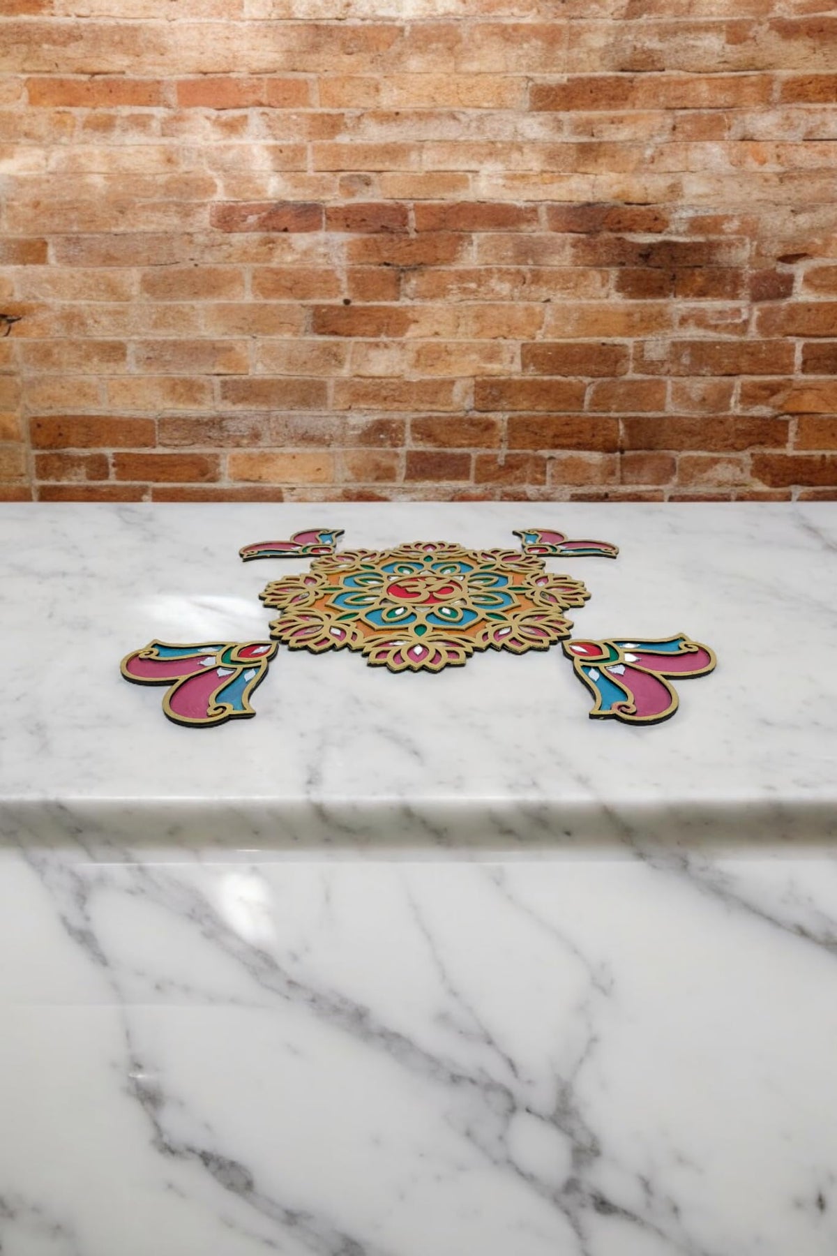 Ready-to-Use Wooden Rangoli Mat with Mirror Work – T438_D