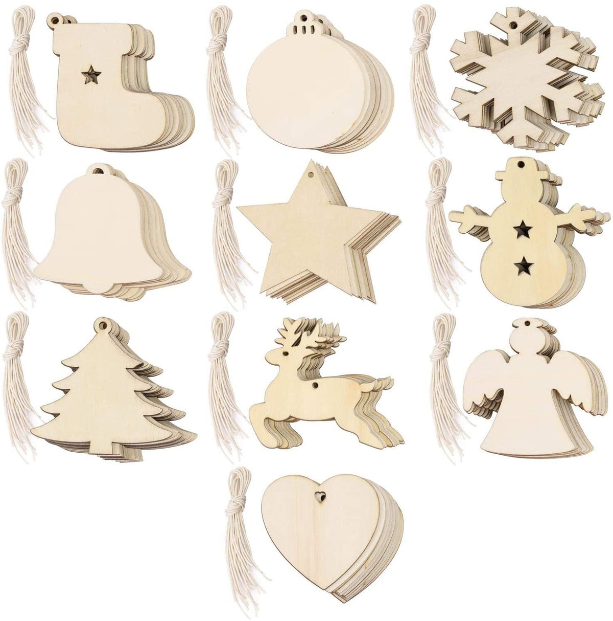 Unfinished Wooden Holiday Ornament Cutouts – 50 Pieces, 10 Designs