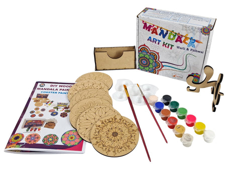 StepsToDo Mandala Art Paint Kit A – Tea Coaster Set of 6 (4-Inch Bases) with Case, Colors, Brush & Dish, Wooden Stand.