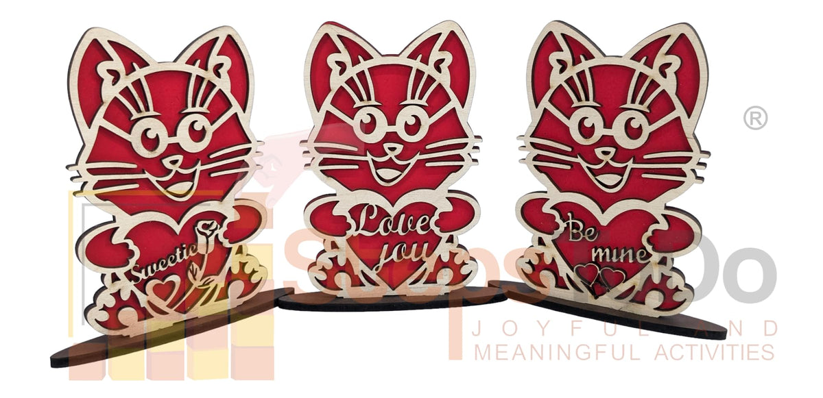 Love You Kitty Wooden Standees – Set of 3, Red & Unfinished Birch