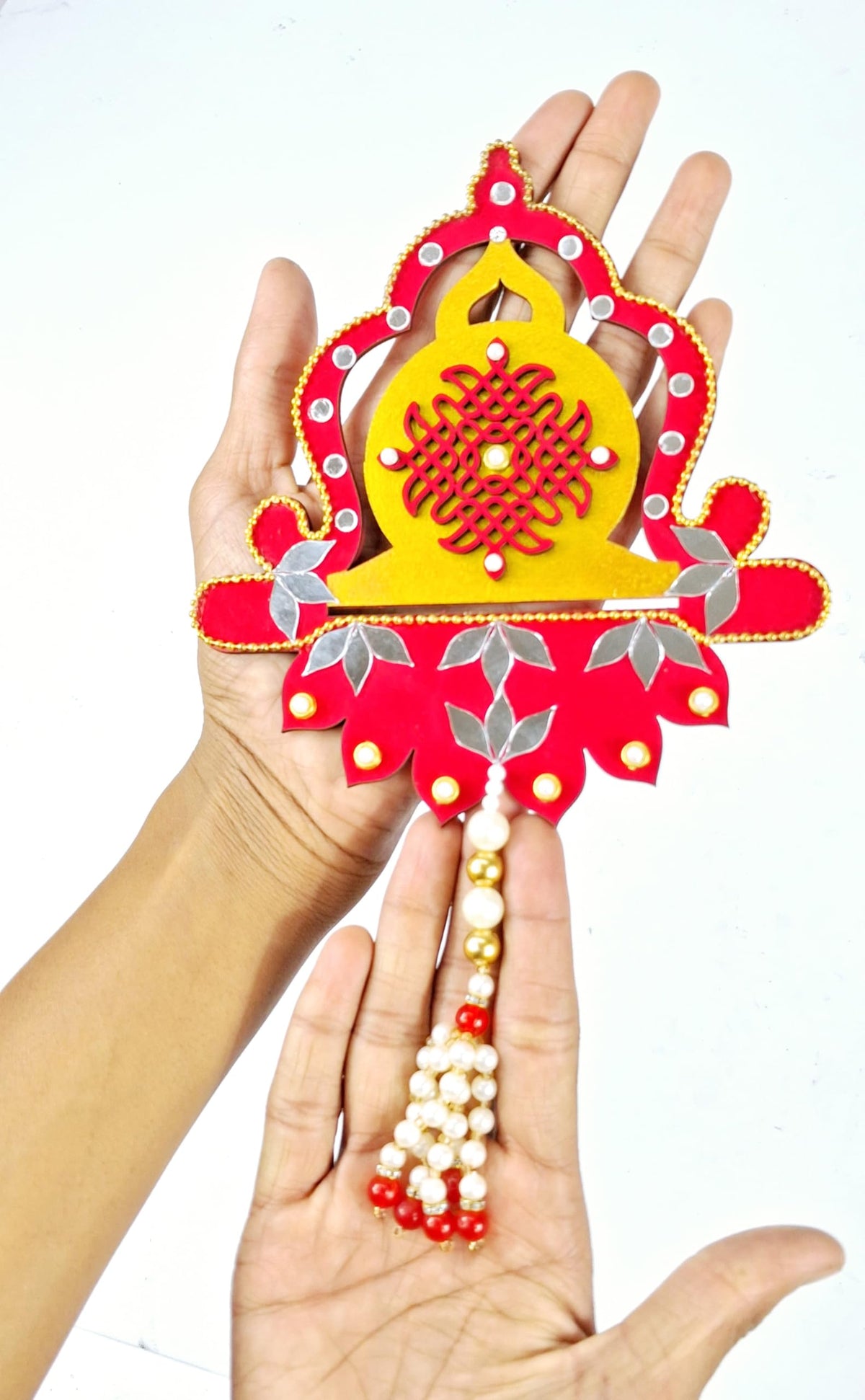 Hand-Painted Diya Jharokha – Red & Yellow, Mirror Work & Pearl Hanging