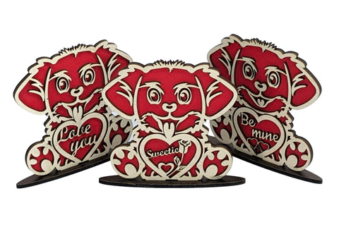 Valentine Day Puppy. Love You Puppy Wooden Standees Set of 3. Valentine Message Card. Double Layered Wooden Puppy Standees. Red and Unfinished Birch Wood.