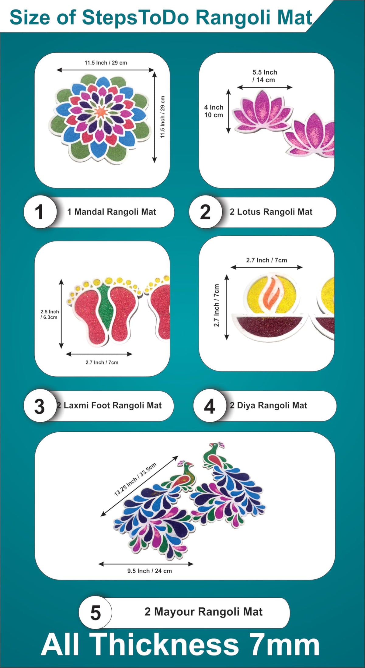 Peacock & Mandala Floating Rangoli – 9 Pieces with Lotus, Diya & Laxmi Paduka