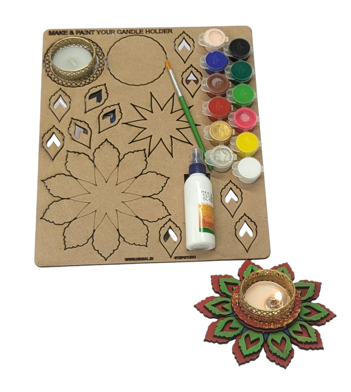 DIY Wooden Tealight Holder Painting Kit – 12 Colours, Brush & Golden Candle