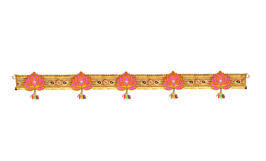 Pink and golden lotus toran with cloth and wood