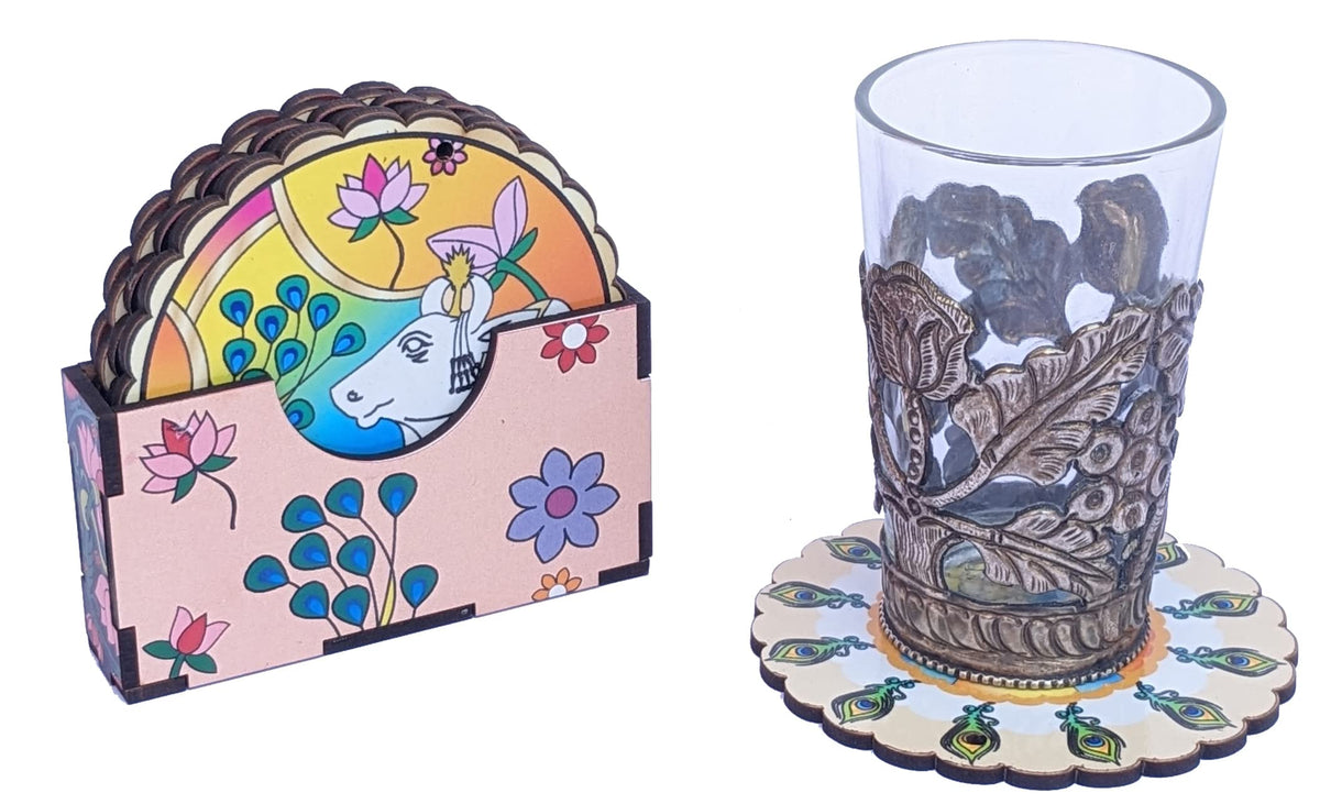 Pichwai Art Printed Wooden Coasters with Holder – Set of 6