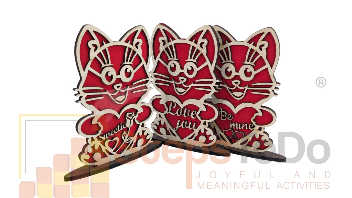 Love You Kitty Wooden Standees – Set of 3, Red & Unfinished Birch